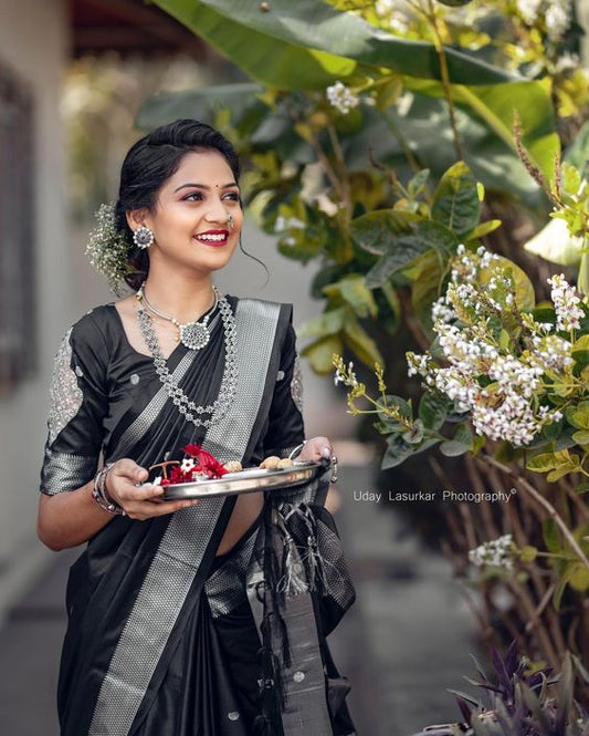 Tremendous Black Soft Banarasi Silk Saree With Incomparable Blouse Piece