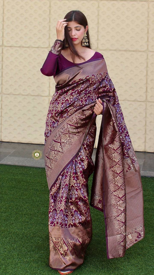 Captivating Wine Soft Silk Saree With Prominent Blouse Piece