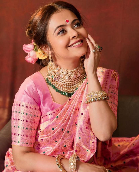 Opulent Pink Soft Banarasi Silk Saree With Ethnic Blouse Piece