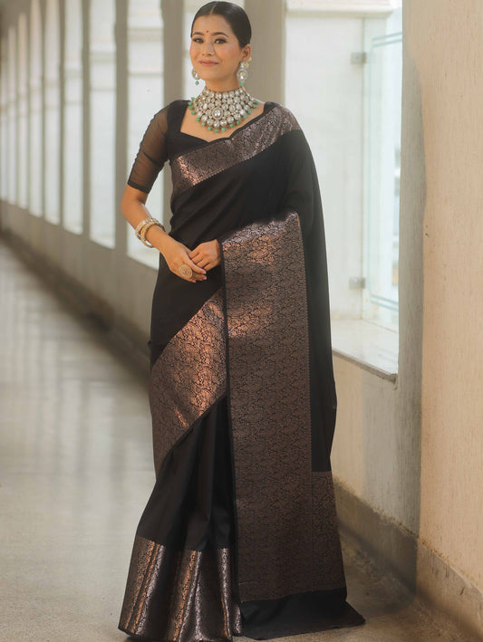 Tremendous Black Soft Banarasi Silk Saree With Supernal Blouse Piece