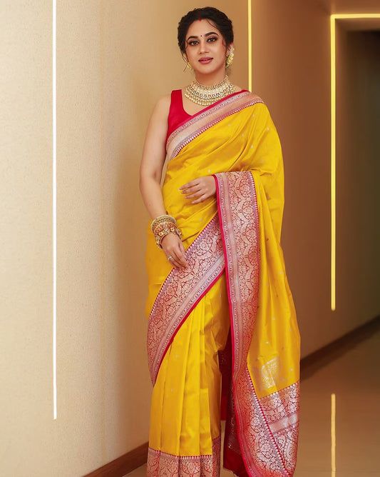 Designer Yellow Soft Banarasi Silk Saree With Flamboyant Blouse Piece
