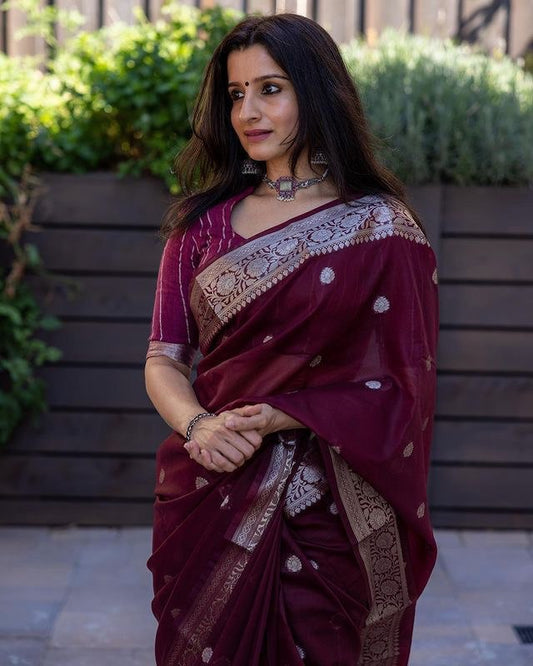 Lissome Wine Soft Silk Saree With Desultory Blouse Piece