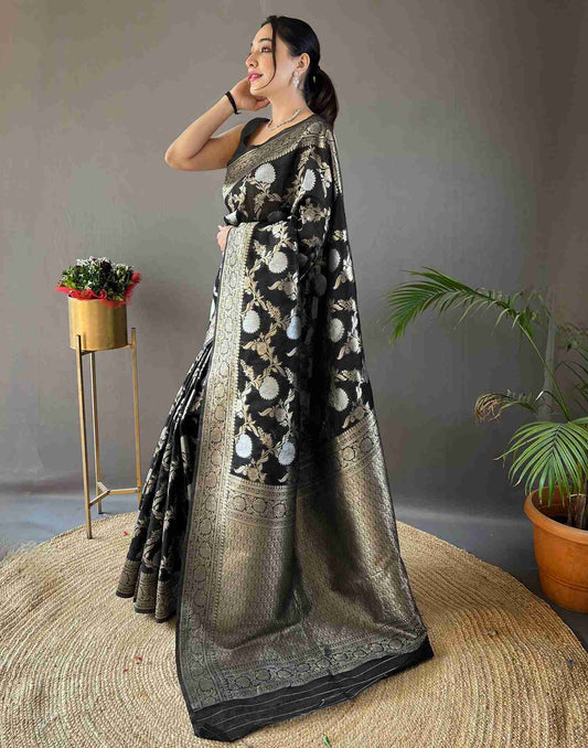 Angelic Silver Black Soft Banarasi Silk Saree With Panoply Blouse Piece