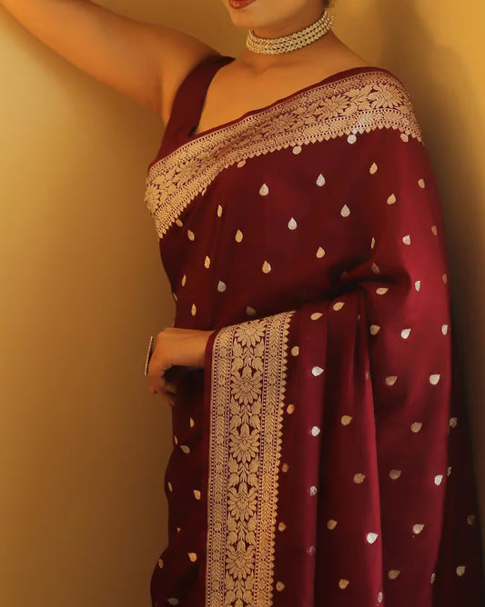 Evocative Dark Maroon Soft Banarasi Silk Saree With Admirable Blouse Piece