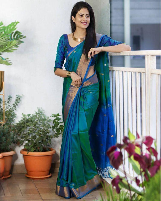 Sophisticated Green Cotton Silk Saree With Prodigal Blouse Piece