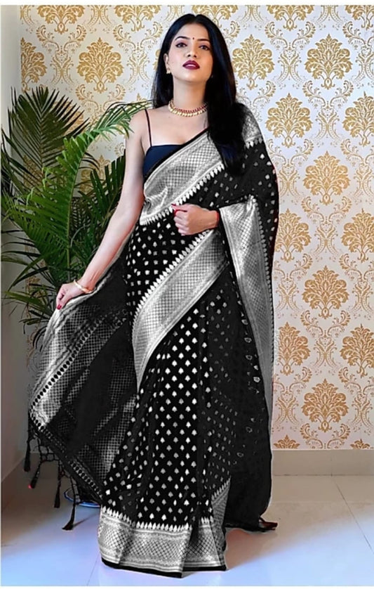 Lassitude Black Soft Banarasi Silk Saree With Lissome Blouse Piece