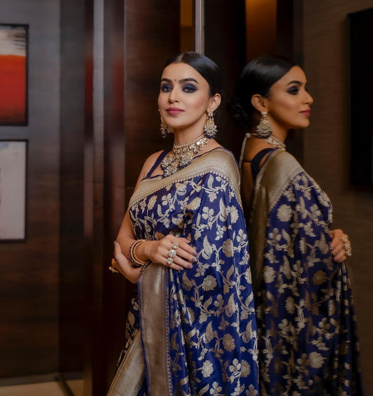 Imbrication Dark Blue Soft Silk Saree With Embellished Blouse Piece