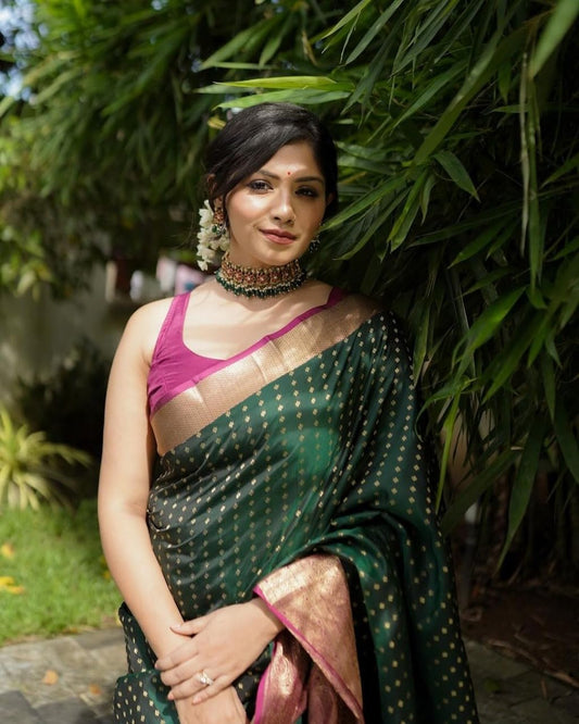 Staggering Green Soft Banarasi Silk Saree With Imaginative Blouse Piece
