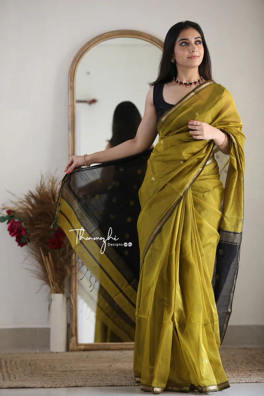 Mesmeric Mehandi Black Soft Banarasi Silk Saree With Opulent Blouse Piece