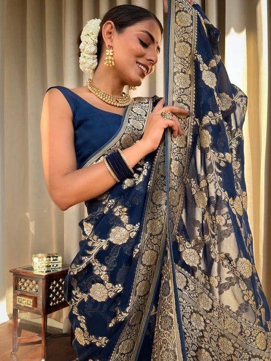 Unique Blue Soft Silk Saree With Wonderful Blouse Piece