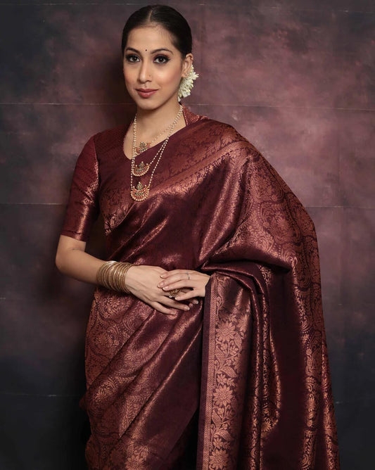Beauteous Maroon Soft Silk Saree With Demure Blouse Piece