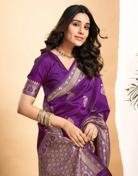 Mesmeric Purple Soft Banarasi Silk Saree With Inspiring Blouse Piece