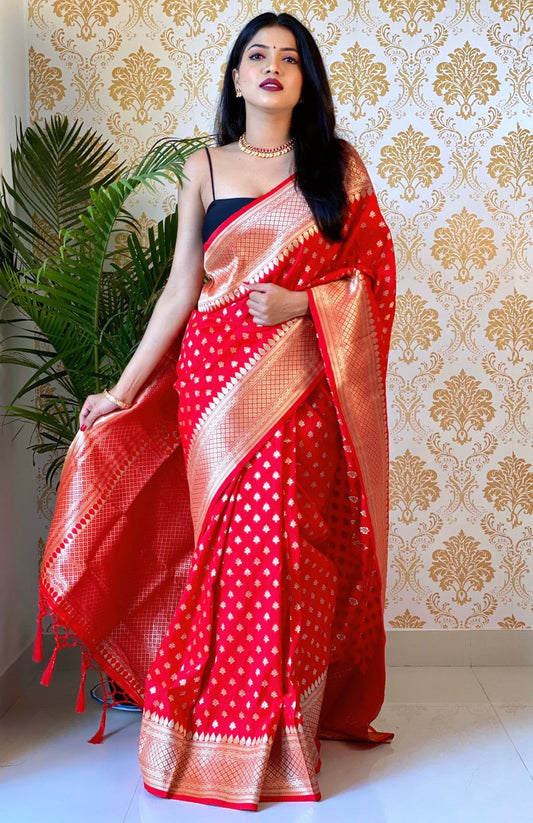 Lassitude Red Soft Banarasi Silk Saree With Lissome Blouse Piece