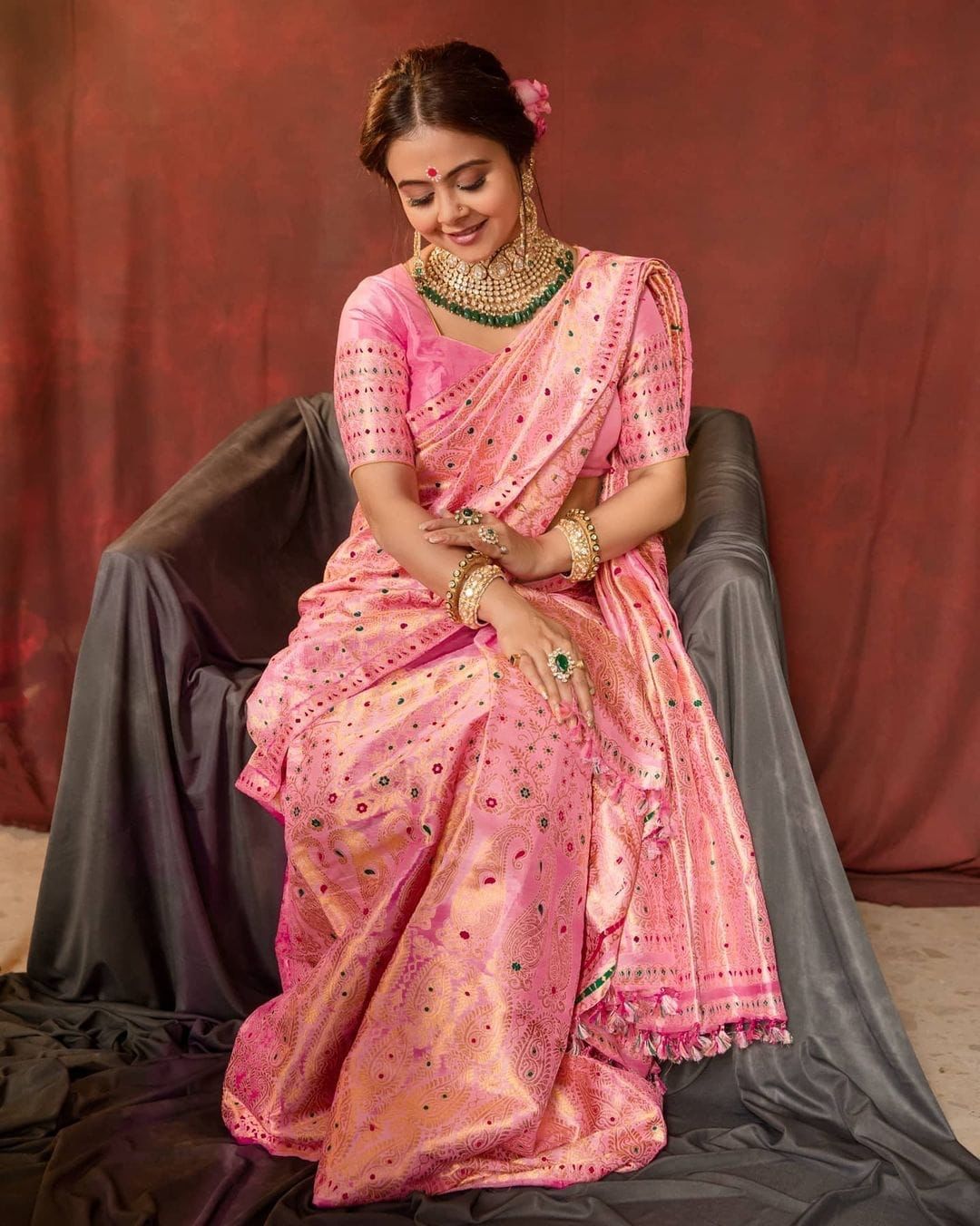 Opulent Pink Soft Banarasi Silk Saree With Ethnic Blouse Piece