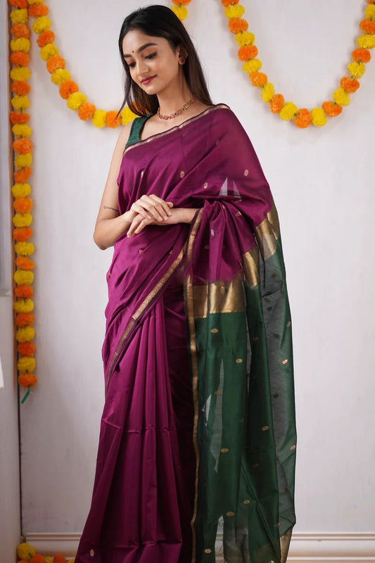 Mesmeric Wine Green Soft Banarasi Silk Saree With Opulent Blouse Piece