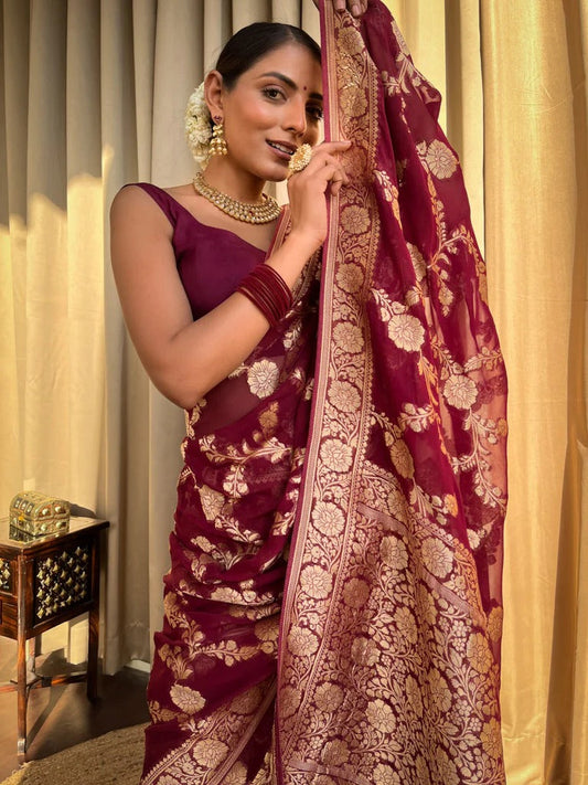 Unique Maroon Soft Silk Saree With Wonderful Blouse Piece
