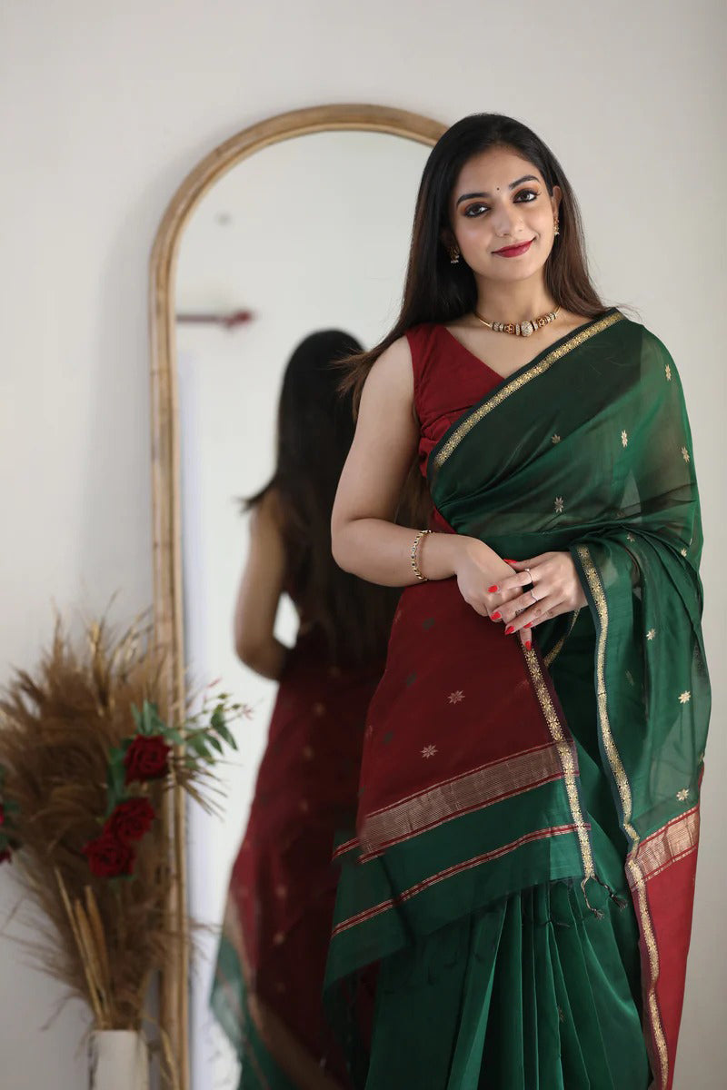 Mesmeric Green Maroon Soft Banarasi Silk Saree With Opulent Blouse Piece