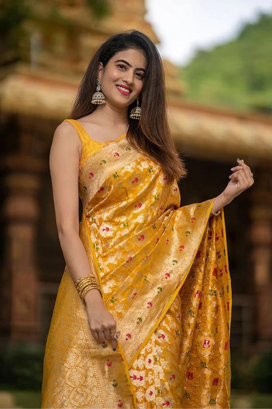 Extraordinary Yellow Soft Silk Saree With Glowing Blouse Piece