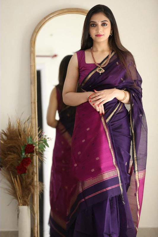 Lassitude Purple Cotton Silk Saree With Extraordinary Blouse Piece