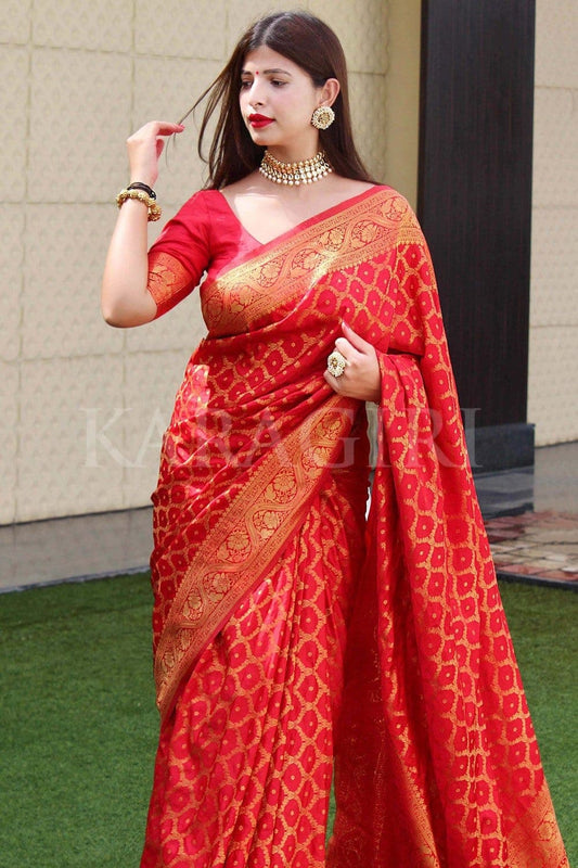 Outstanding Red Soft Banarasi Silk Saree With Angelic Blouse Piece