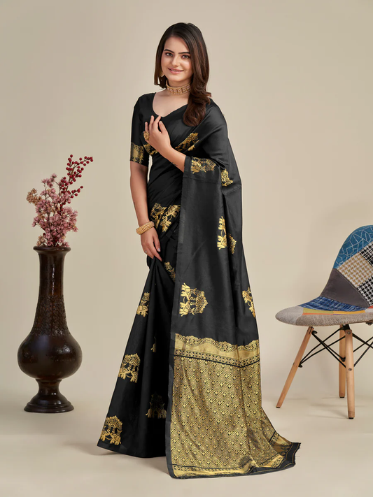 Charming Black Soft Banarasi Silk Saree With Pretty Blouse Piece