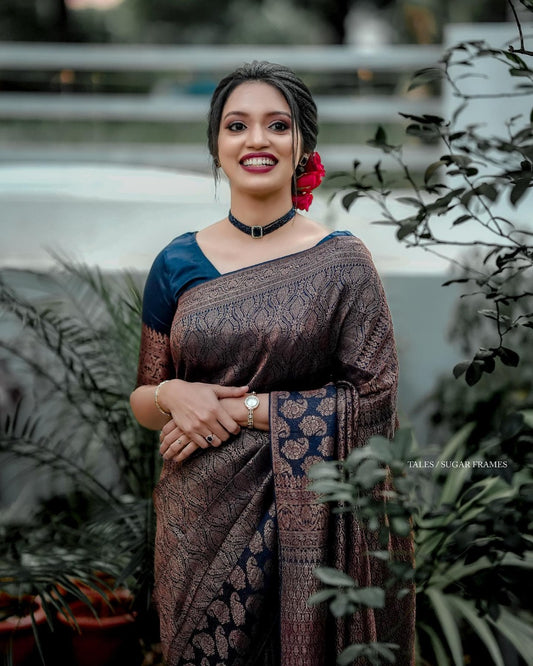 Felicitous Navy Blue Soft Silk Saree With Pretty Blouse Piece