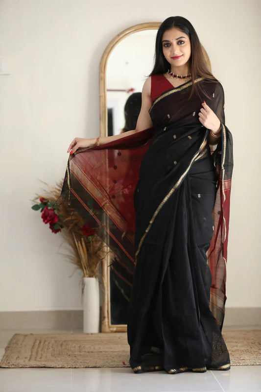 Mesmeric Black Maroon Soft Banarasi Silk Saree With Opulent Blouse Piece