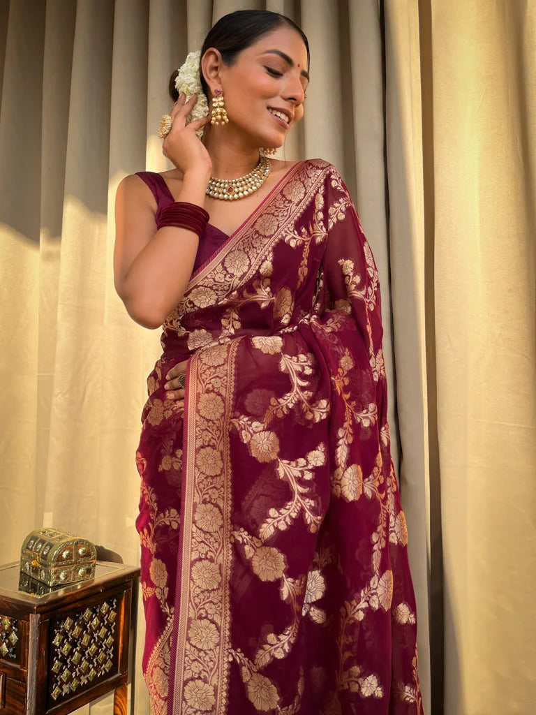 Unique Maroon Soft Silk Saree With Wonderful Blouse Piece