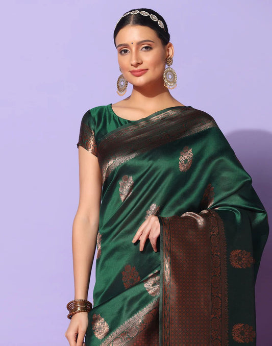 Surpassing Dark Green Soft Silk Saree With Dazzling Blouse Piece