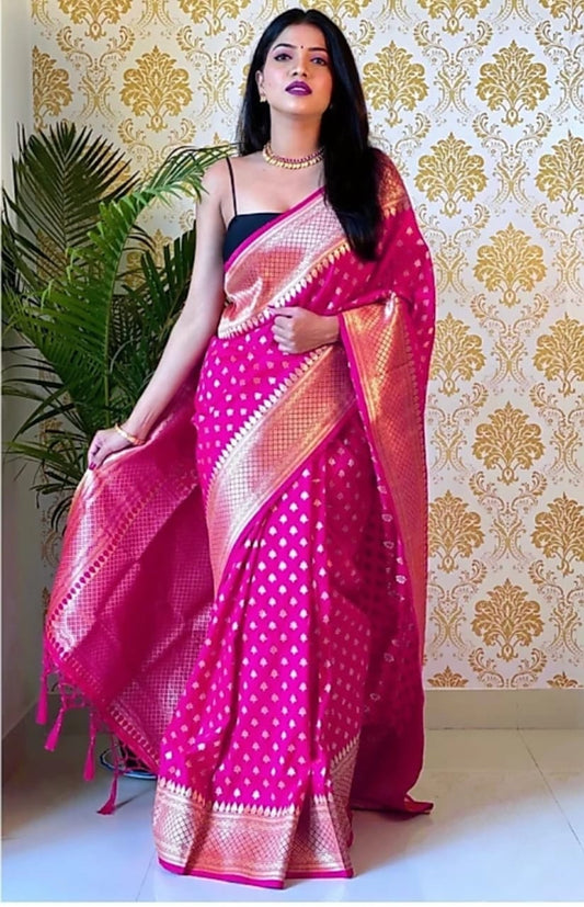 Lassitude Pink Soft Banarasi Silk Saree With Lissome Blouse Piece