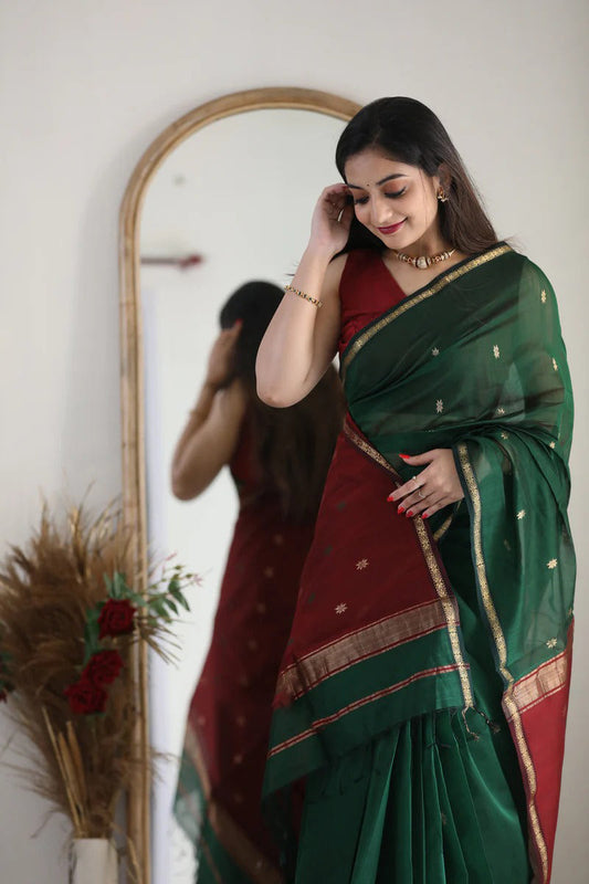 Mesmeric Green Maroon Soft Banarasi Silk Saree With Opulent Blouse Piece