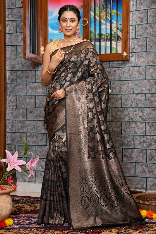 Mesmeric Black Soft Banarasi Silk Saree With Opulent Blouse Piece