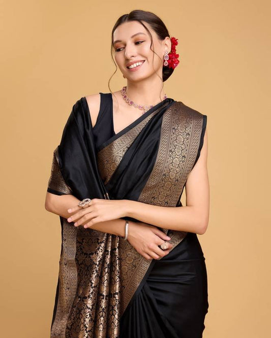 Charming Black Soft Banarasi Silk Saree With Pretty Blouse Piece