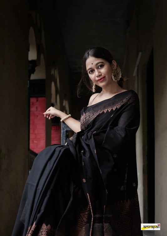 Lovely Black Soft Banarasi Silk Saree With Precious Blouse Piece