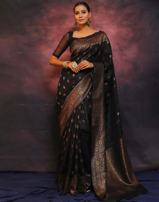 Outstanding Black Soft Banarasi Silk Saree With Angelic Blouse Piece