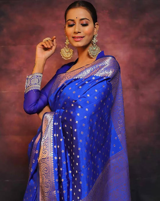 Staggering Dark Blue Soft Banarasi Silk Saree With Imaginative Blouse Piece