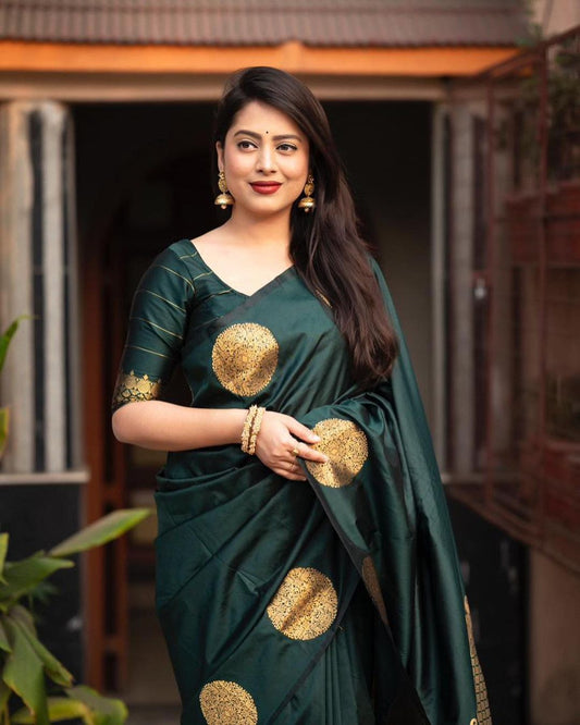 Blooming Dark Green Soft Banarasi Silk Saree With Intricate Blouse Piece