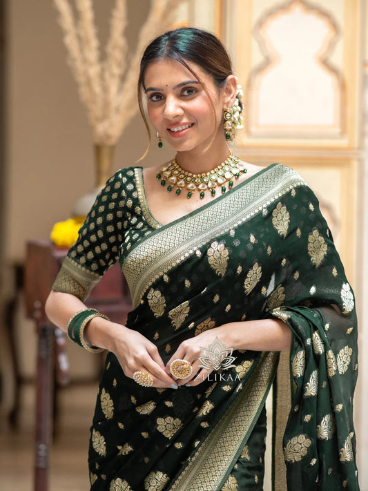 Stylish Green Soft Silk Saree With Unique Blouse Piece