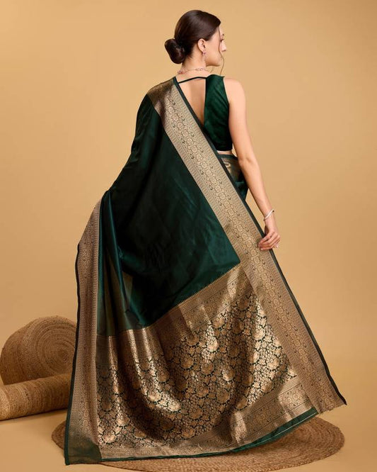 Charming Dark Green Soft Banarasi Silk Saree With Pretty Blouse Piece