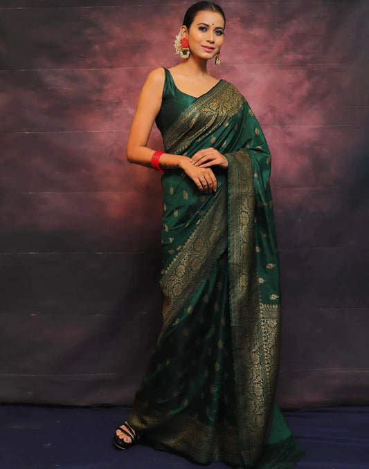 Quintessential Dark Green Soft Banarasi Silk Saree With Lissome Blouse Piece
