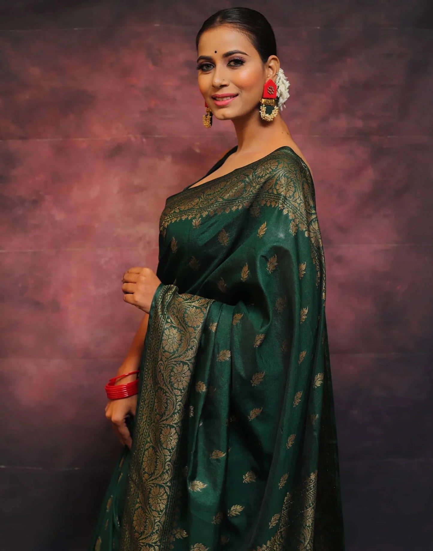 Quintessential Dark Green Soft Banarasi Silk Saree With Lissome Blouse Piece
