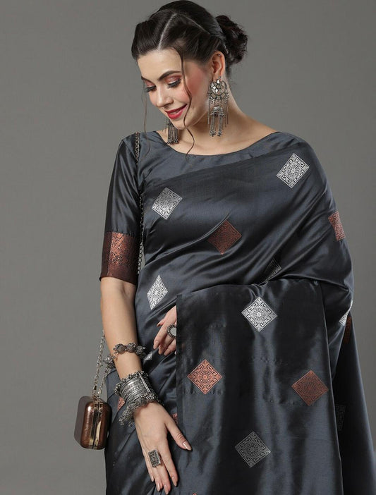 Gratifying Grey Banarasi Silk Saree With Classic Blouse Piece