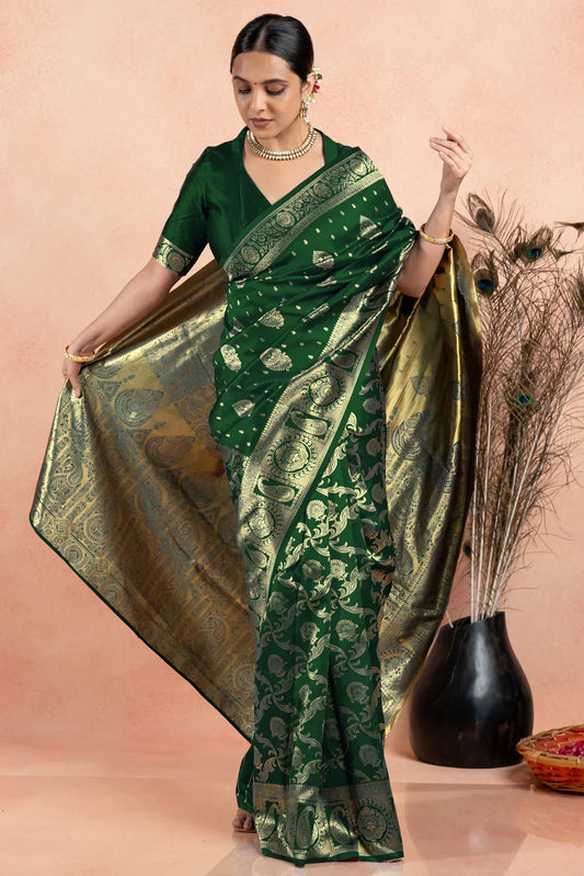 Demesne Dark Green Kanjivaram Silk Saree With Beautiful Blouse Piece