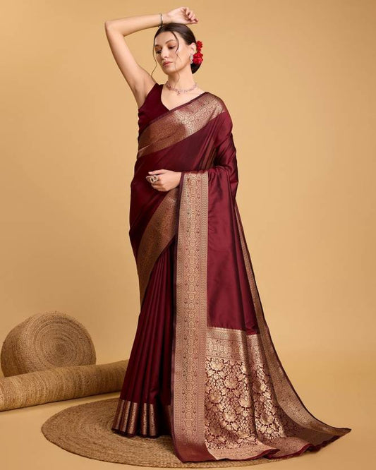 Charming Maroon Soft Banarasi Silk Saree With Pretty Blouse Piece
