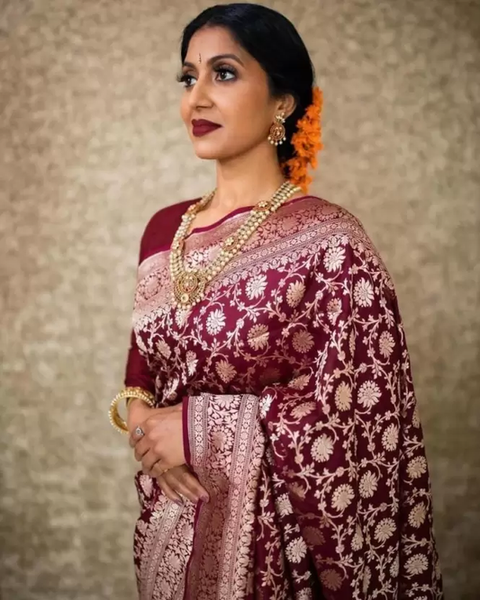 Prominent Maroon Soft Banarasi Silk Saree With Excellent Blouse Piece