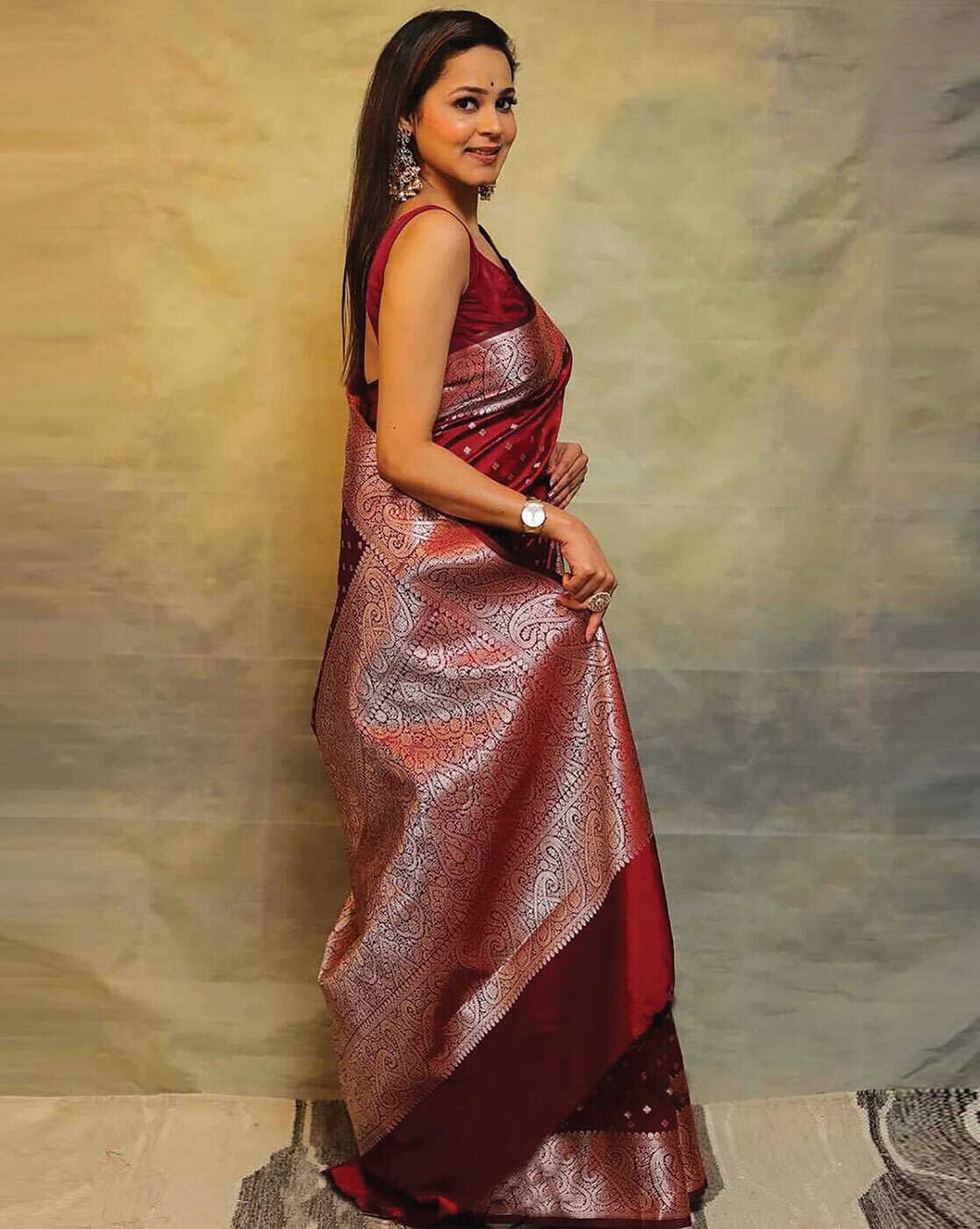 Ideal Red Soft Banarasi Silk Saree With Dalliance Blouse Piece