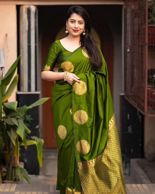 Quintessential Mehandi Soft Banarasi Silk Saree With Lissome Blouse Piece