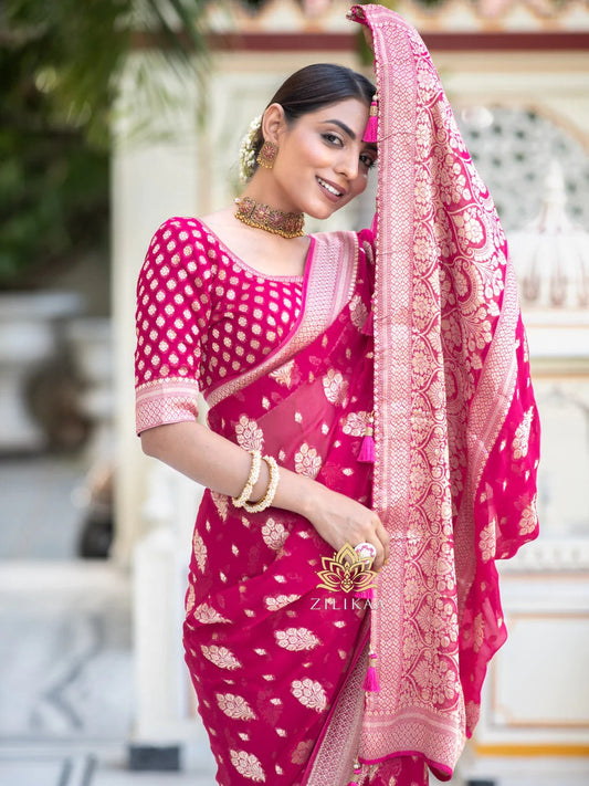 Stylish Pink Soft Silk Saree With Unique Blouse Piece