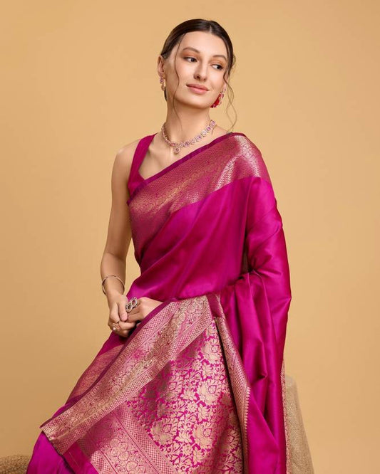 Charming Pink Soft Banarasi Silk Saree With Pretty Blouse Piece