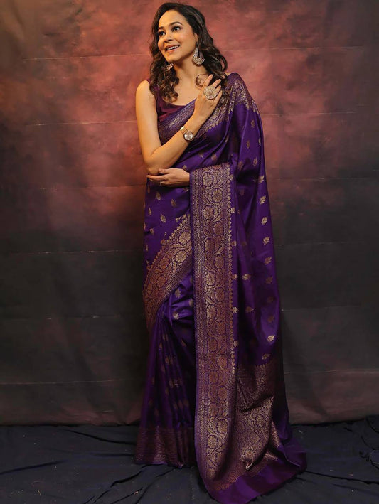 Denouement Purple Kanjivaram Silk Saree With Felicitous Blouse Piece